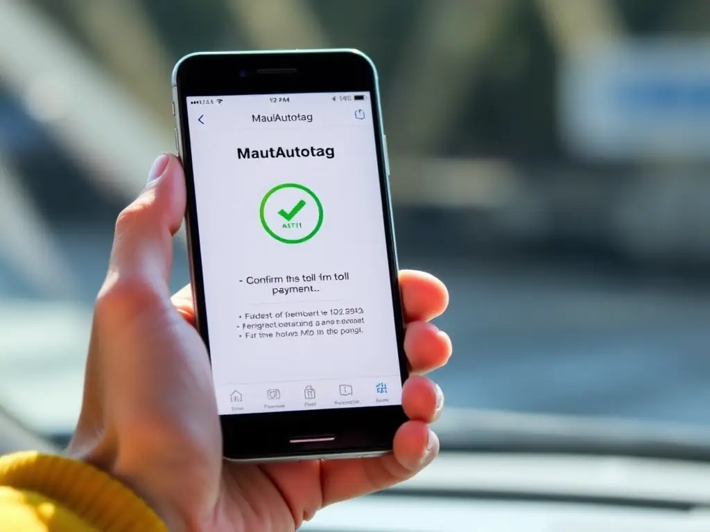 A smartphone displaying the MautAutotag app interface, showing a successful toll payment confirmation with a green checkmark and a map of Germany in the background, emphasizing ease of use and digital convenience.