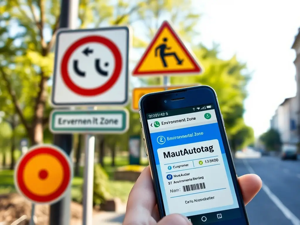 An image of a German road sign indicating an environmental zone, with a smartphone displaying a valid MautAutotag environmental zone ticket, highlighting compliance and ease of access.
